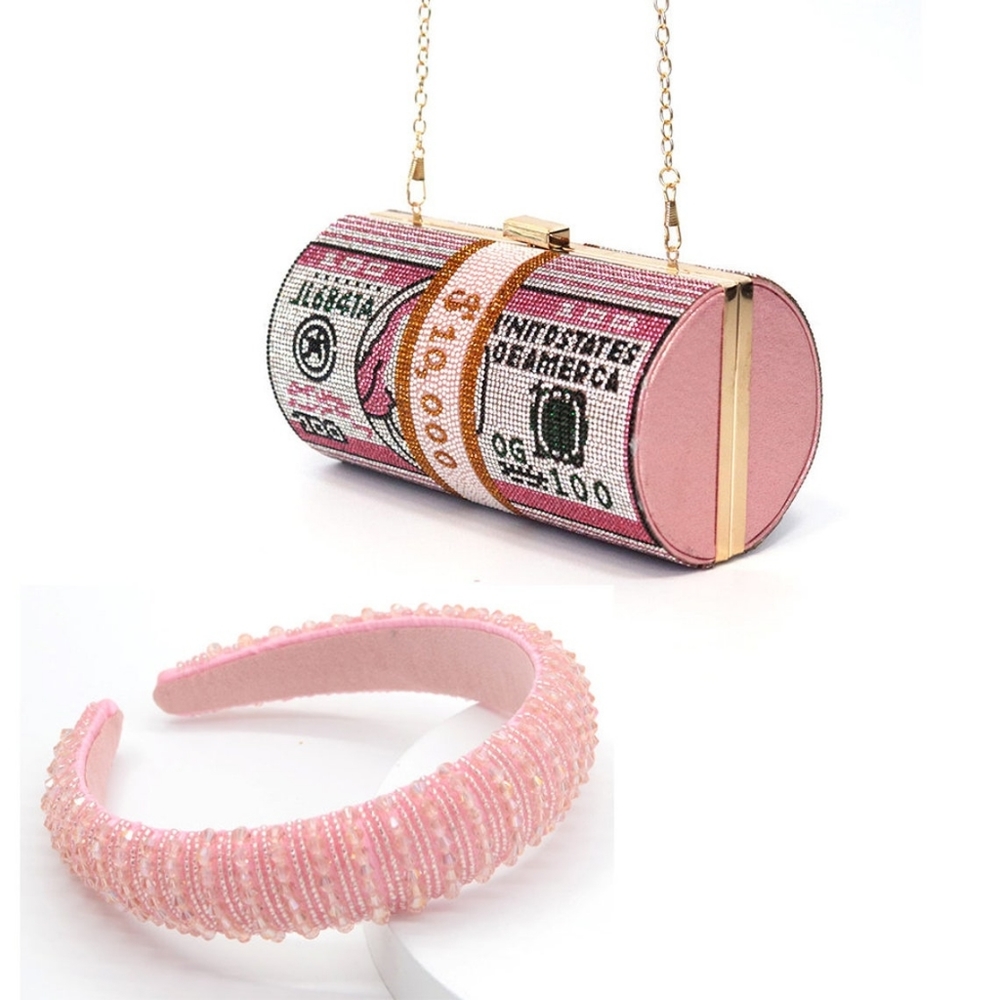 2 Pieces Set Rhinestone US Dollar Purse Evening Handbags Wedding Dinner Bag